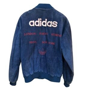 Vintage Adidas Suede Bomber Jacket City Series Embroidered Blue Trefoil Logo M